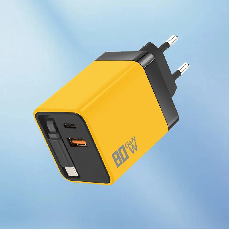 80W GaN Fast Charger With Retractable Type C Cable US/EU/UK Plug Wall Charger For iPhone Xiaomi Huawei Samsung VIVO OPPO Oneplus
