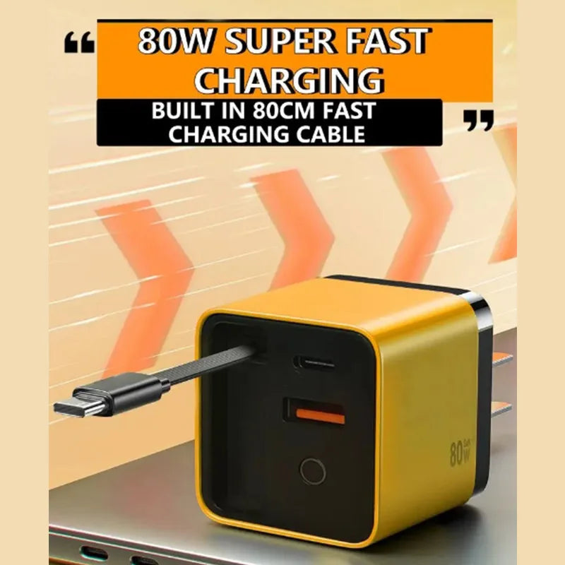80W GaN Fast Charger With Retractable Type C Cable US/EU/UK Plug Wall Charger For iPhone Xiaomi Huawei Samsung VIVO OPPO Oneplus