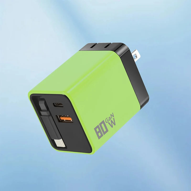 80W GaN Fast Charger With Retractable Type C Cable US/EU/UK Plug Wall Charger For iPhone Xiaomi Huawei Samsung VIVO OPPO Oneplus