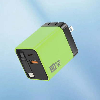 80W GaN Fast Charger With Retractable Type C Cable US/EU/UK Plug Wall Charger For iPhone Xiaomi Huawei Samsung VIVO OPPO Oneplus