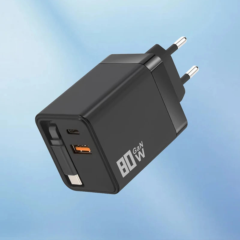 80W GaN Fast Charger With Retractable Type C Cable US/EU/UK Plug Wall Charger For iPhone Xiaomi Huawei Samsung VIVO OPPO Oneplus