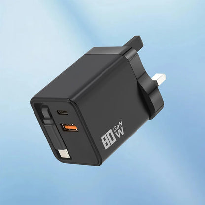 80W GaN Fast Charger With Retractable Type C Cable US/EU/UK Plug Wall Charger For iPhone Xiaomi Huawei Samsung VIVO OPPO Oneplus