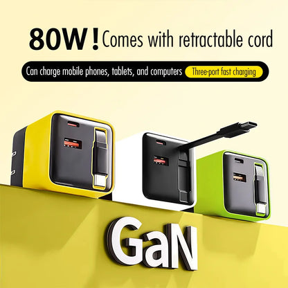 80W GaN Fast Charger With Retractable Type C Cable US/EU/UK Plug Wall Charger For iPhone Xiaomi Huawei Samsung VIVO OPPO Oneplus