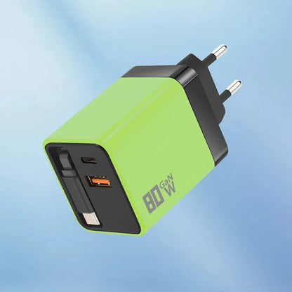 80W GaN Fast Charger With Retractable Type C Cable US/EU/UK Plug Wall Charger For iPhone Xiaomi Huawei Samsung VIVO OPPO Oneplus