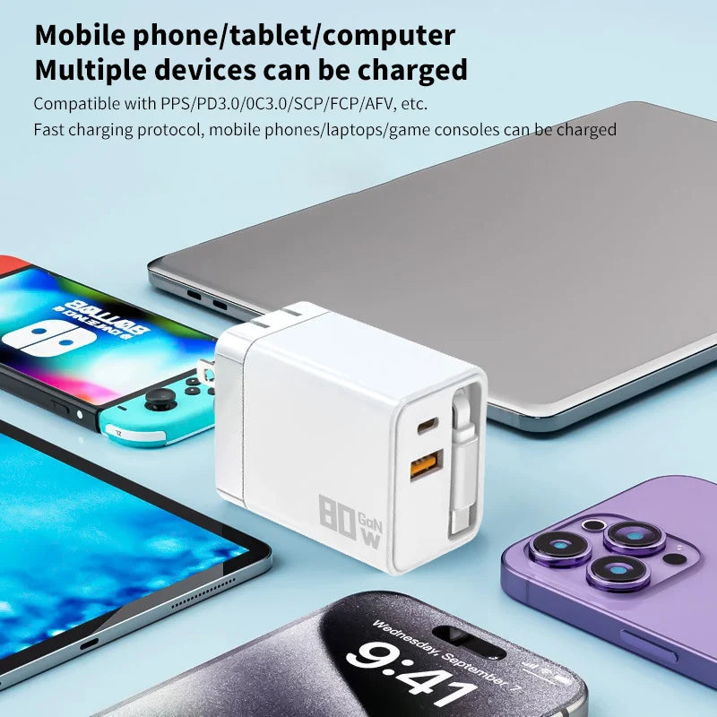 80W GaN Fast Charger With Retractable Type C Cable US/EU/UK Plug Wall Charger For iPhone Xiaomi Huawei Samsung VIVO OPPO Oneplus