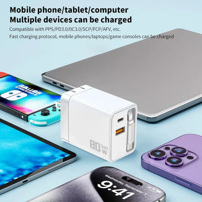 80W GaN Fast Charger With Retractable Type C Cable US/EU/UK Plug Wall Charger For iPhone Xiaomi Huawei Samsung VIVO OPPO Oneplus