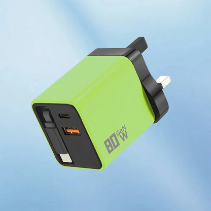 80W GaN Fast Charger With Retractable Type C Cable US/EU/UK Plug Wall Charger For iPhone Xiaomi Huawei Samsung VIVO OPPO Oneplus