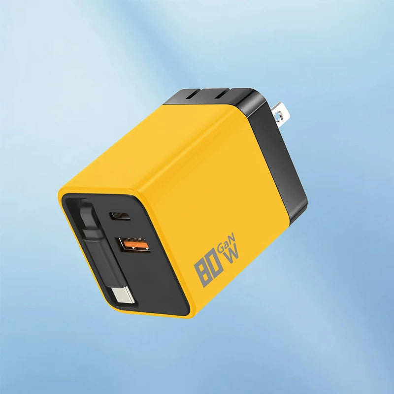 80W GaN Fast Charger With Retractable Type C Cable US/EU/UK Plug Wall Charger For iPhone Xiaomi Huawei Samsung VIVO OPPO Oneplus