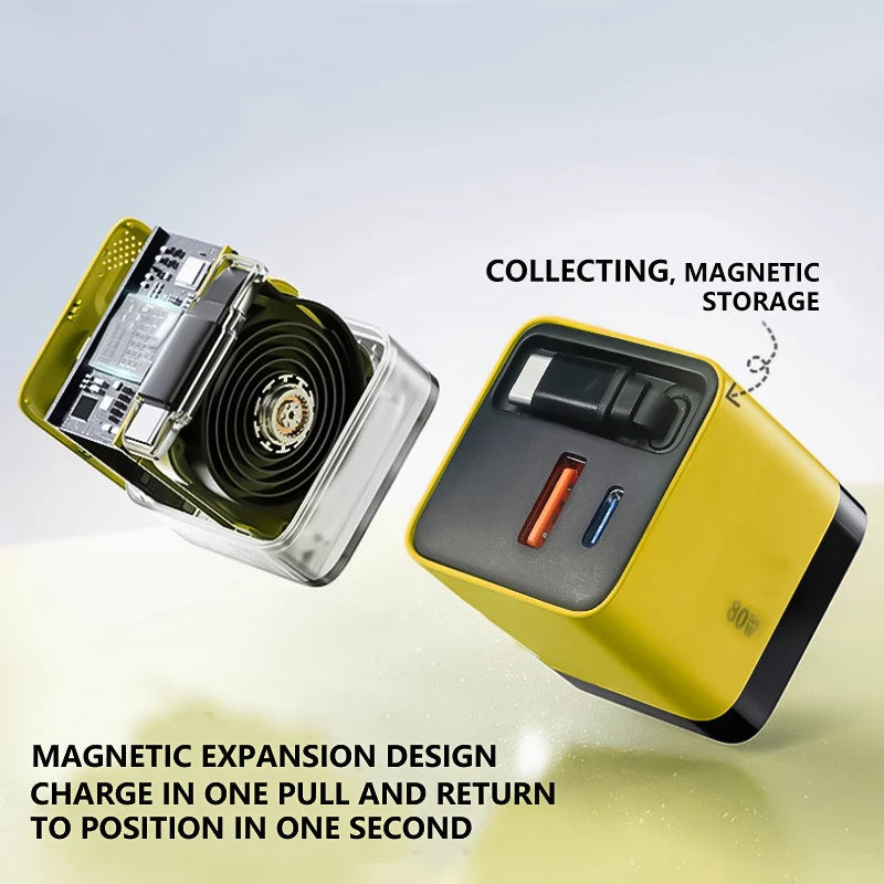 80W GaN Fast Charger With Retractable Type C Cable US/EU/UK Plug Wall Charger For iPhone Xiaomi Huawei Samsung VIVO OPPO Oneplus