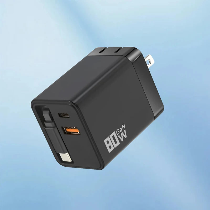 80W GaN Fast Charger With Retractable Type C Cable US/EU/UK Plug Wall Charger For iPhone Xiaomi Huawei Samsung VIVO OPPO Oneplus