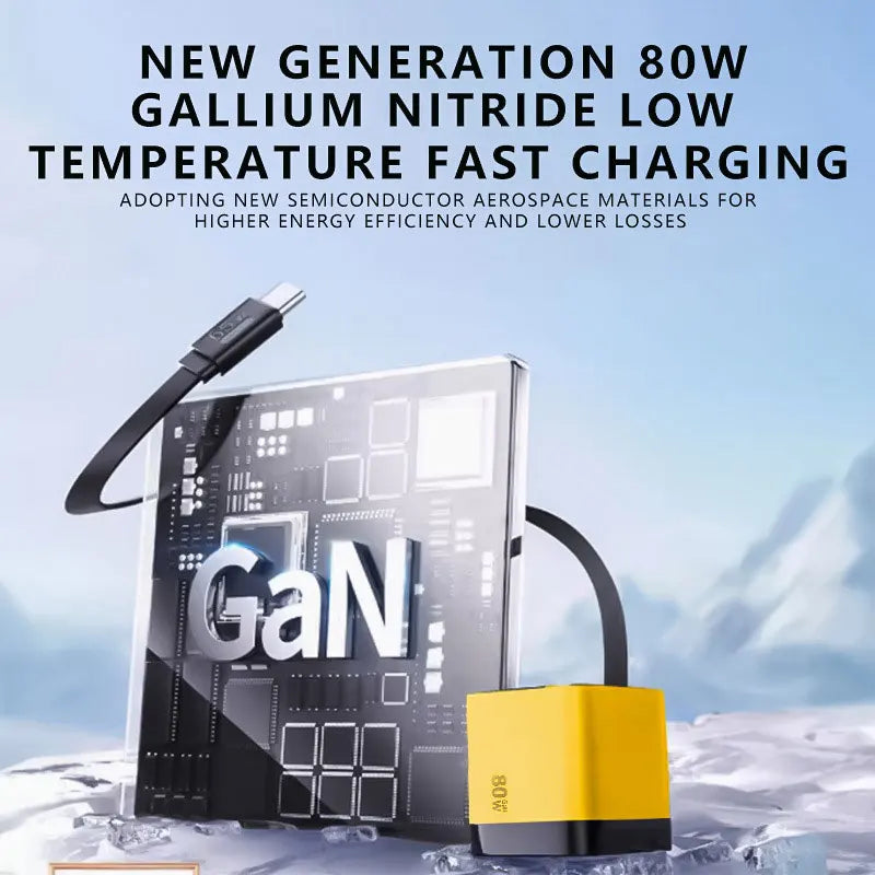 80W GaN Fast Charger With Retractable Type C Cable US/EU/UK Plug Wall Charger For iPhone Xiaomi Huawei Samsung VIVO OPPO Oneplus