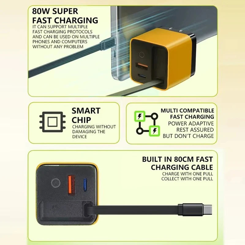 80W GaN Fast Charger With Retractable Type C Cable US/EU/UK Plug Wall Charger For iPhone Xiaomi Huawei Samsung VIVO OPPO Oneplus