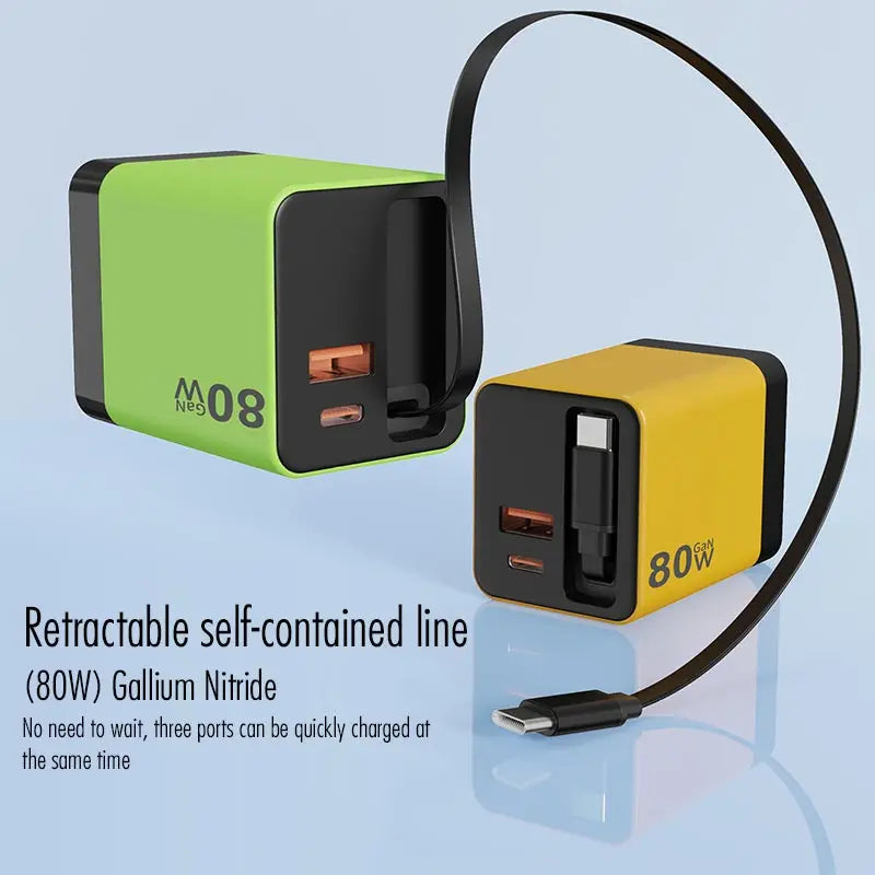 80W GaN Fast Charger With Retractable Type C Cable US/EU/UK Plug Wall Charger For iPhone Xiaomi Huawei Samsung VIVO OPPO Oneplus